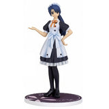 An anime figurine of a female maid character with dark blue hair, wearing a white and black apron dress with a red bow, standing on a round display base against a white background.